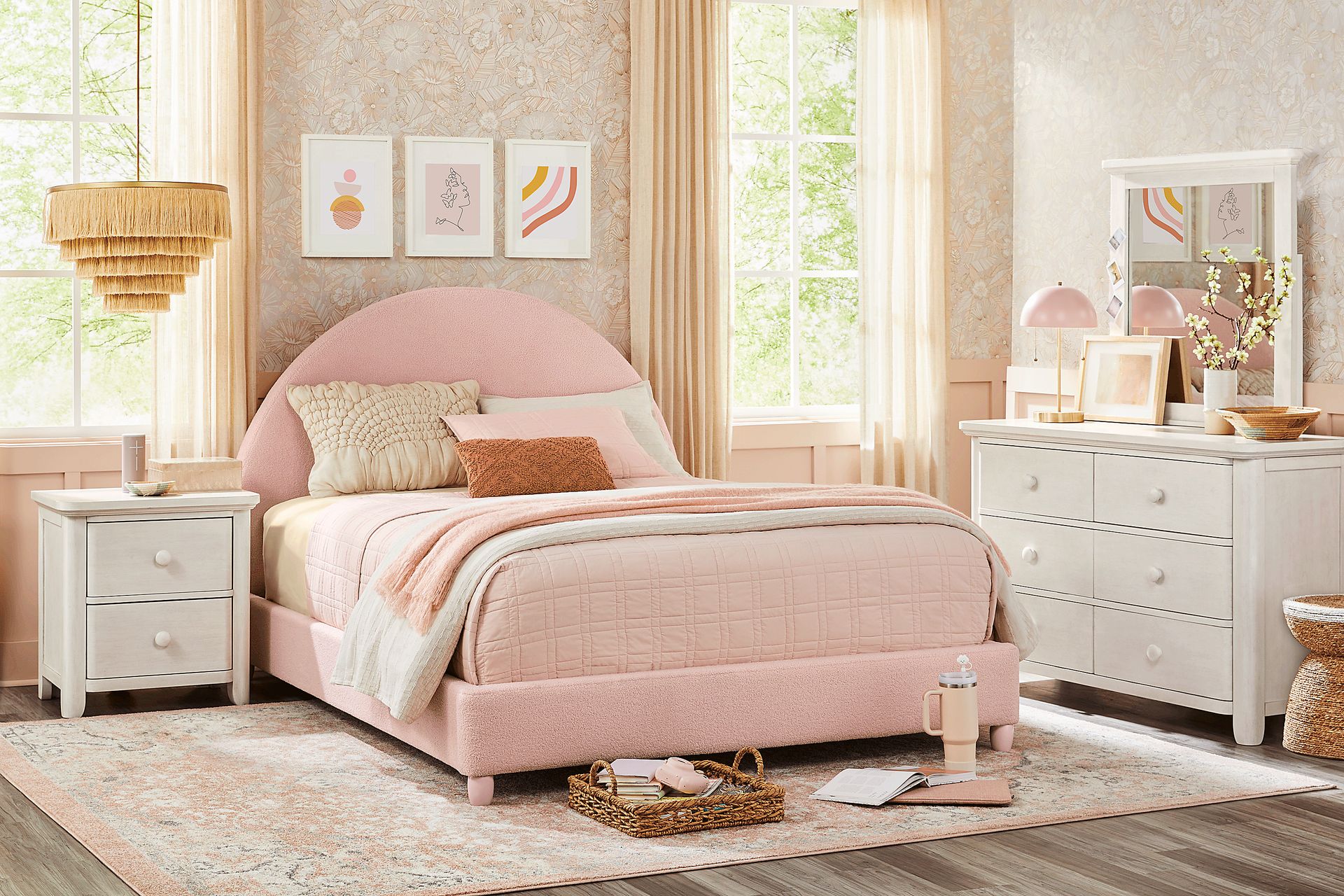 Kids South Bend Washed White Bedroom with Moonstone Pink Twin Upholstered Bed - Image 1