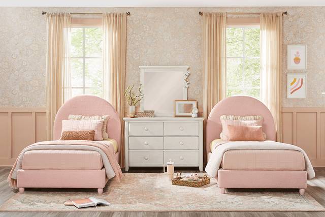 Kids South Bend Washed White Bedroom with 2 Pink Twin Moonstone Beds - Thumbnail - Image 1