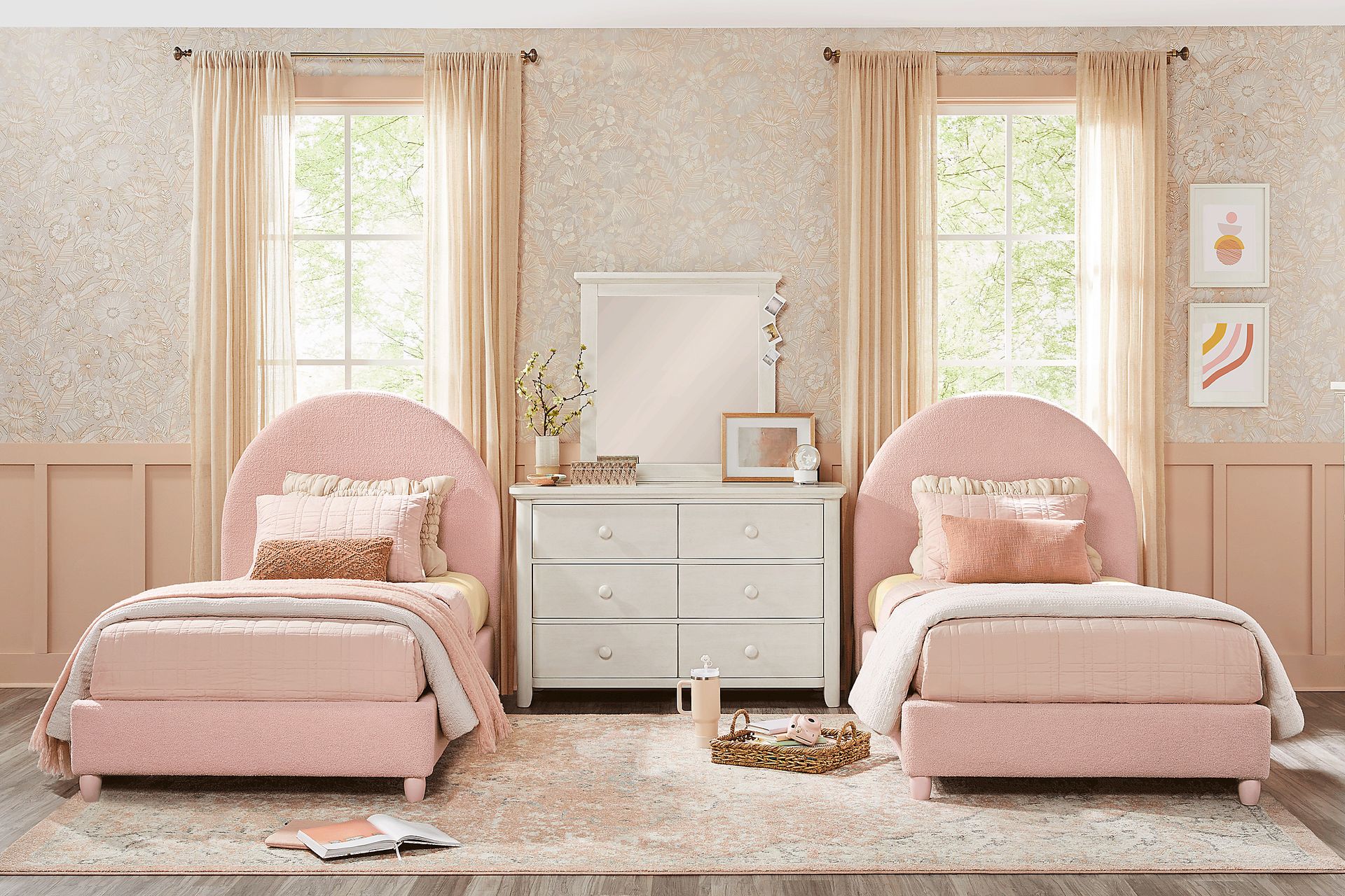 Kids South Bend Washed White Bedroom with 2 Pink Twin Moonstone Beds - Image 1