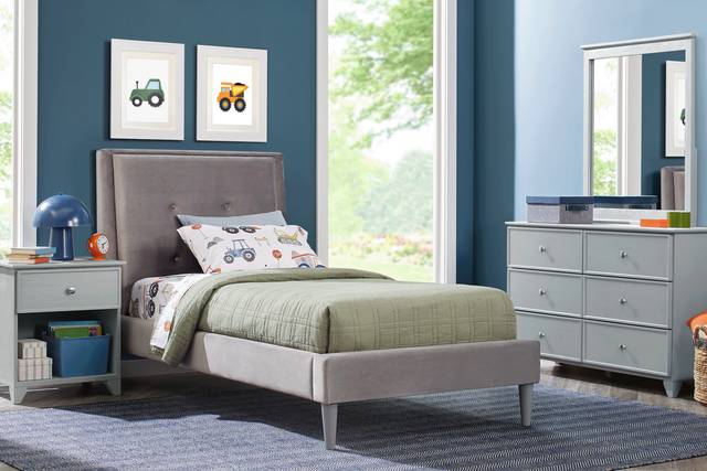Kids Springtown Gray Wash 5 Pc Bedroom with Jaidyn Gray Twin Upholstered Bed - Thumbnail - Image 1