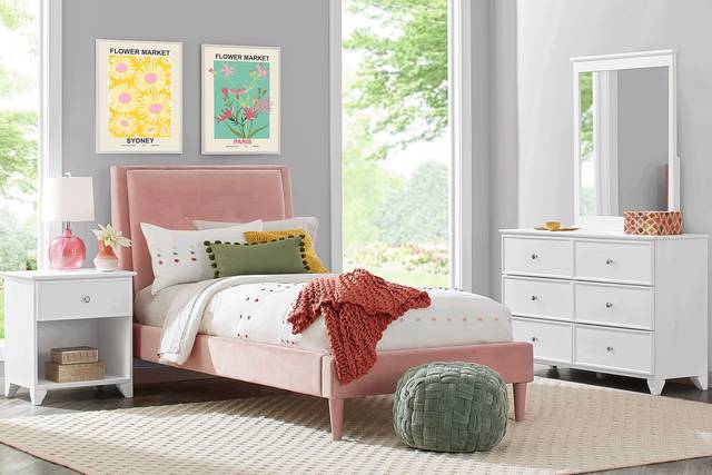 Kids Springtown White Wash 5 Pc Bedroom with Jaidyn Pink Twin Upholstered Bed - Thumbnail - Image 1