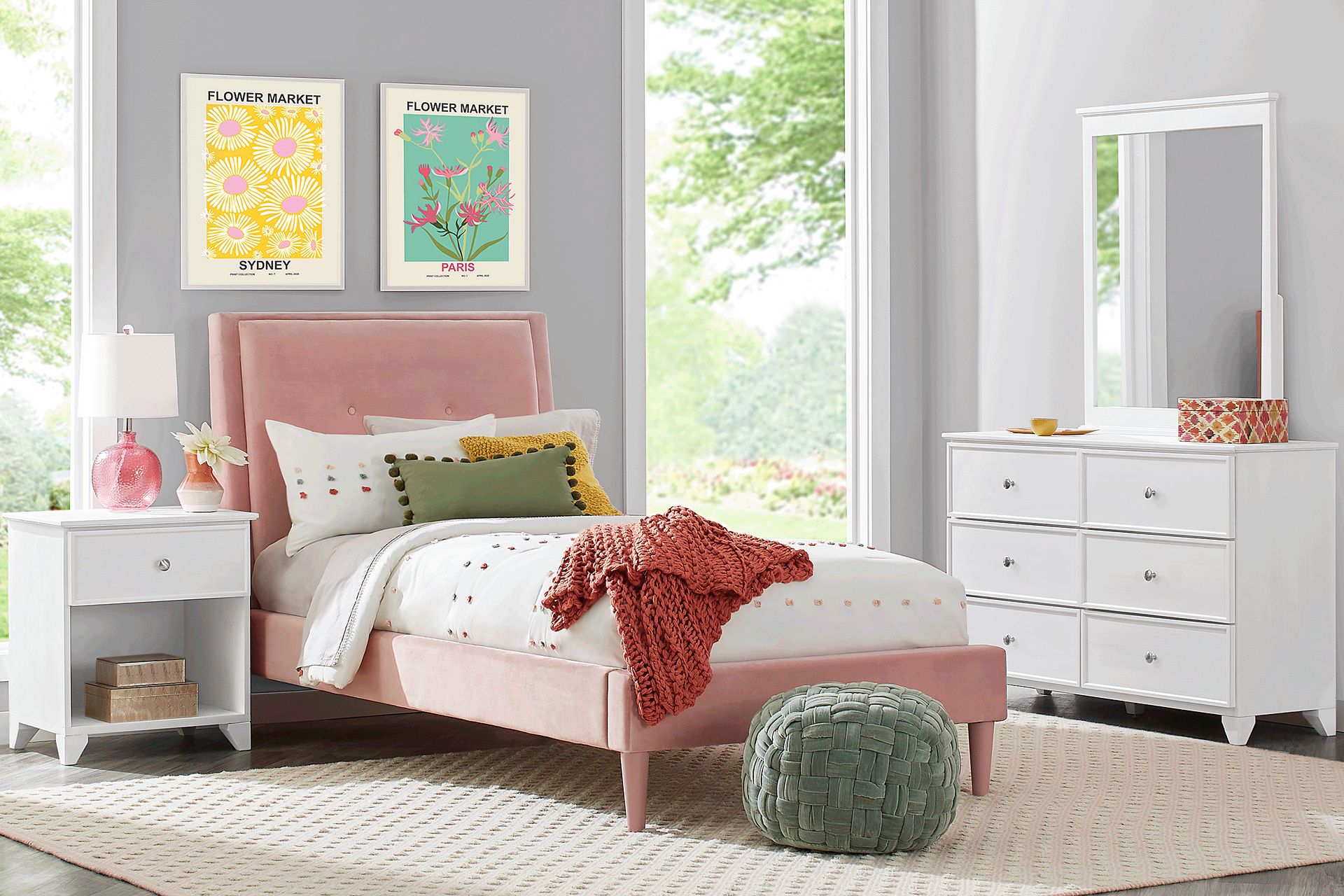 Kids Springtown White Wash 5 Pc Bedroom with Jaidyn Pink Twin Upholstered Bed - Image 1