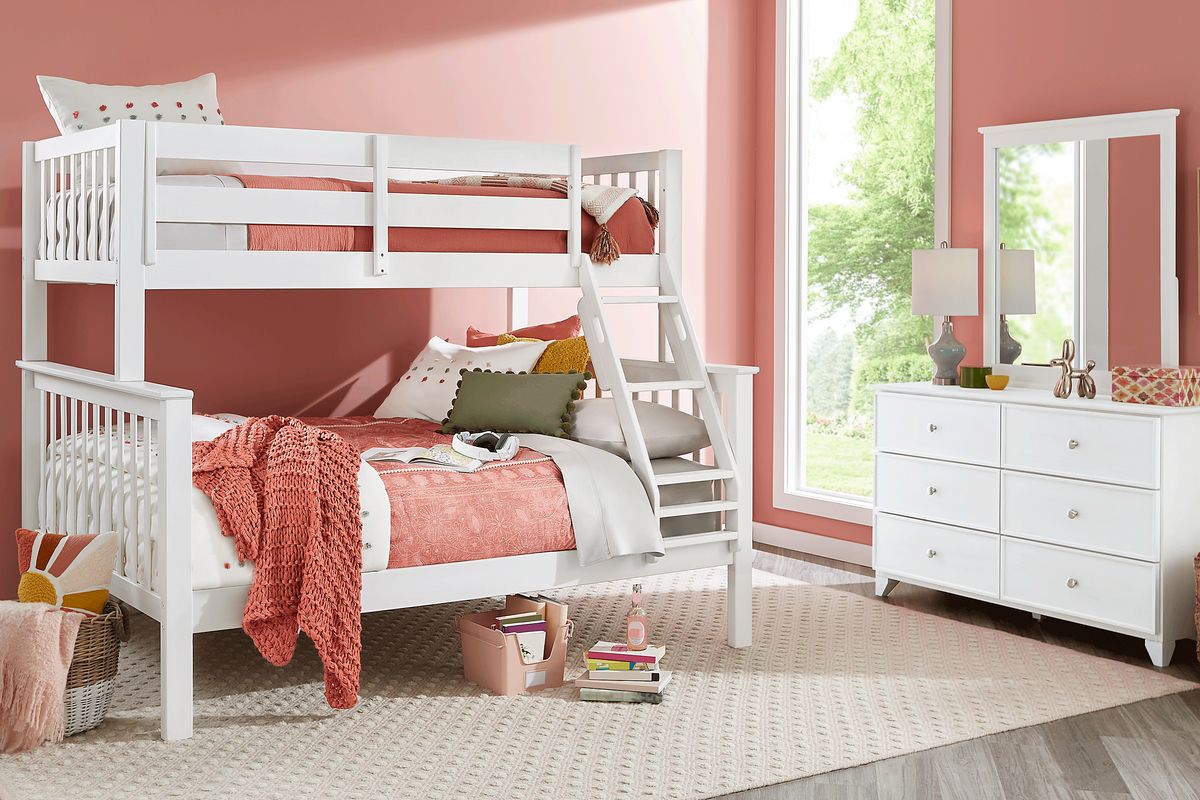 Springtown 6 Pc White Wash Bunk Bed Set With Mirror, Twin/Full Bunk Bed