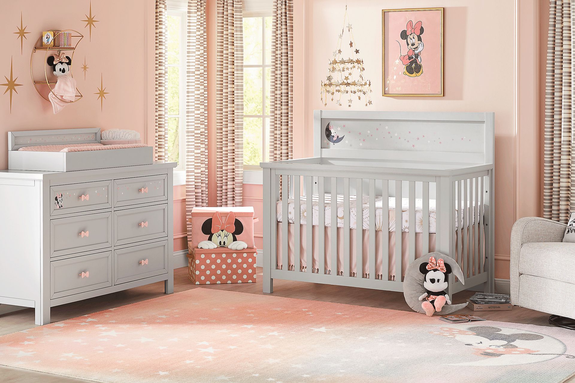 Kids Starry Dreams with Minnie Mouse Gray 6 Pc Nursery with Toddler and Conversion Rails - Image 1