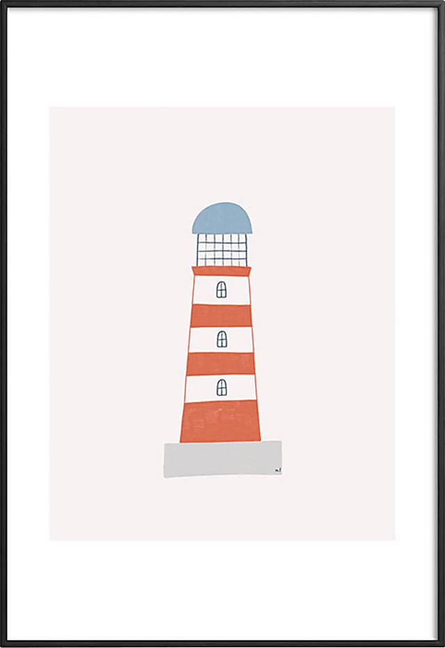 Kids Striped Lighthouse Beige Metal Framed Print - Thumbnail - Image 1