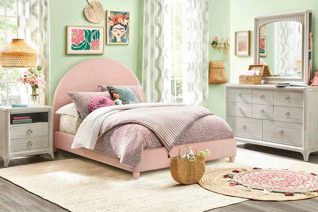 Kids Vivien Wirebrush Gray Bedroom with Moonstone Pink Full Upholstered Bed - Thumbnail - Image 1
