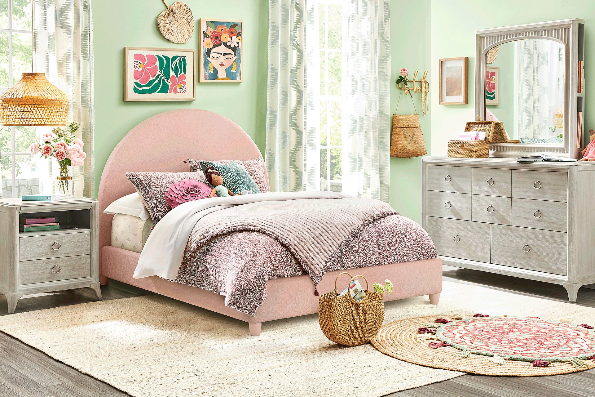 Kids Vivien Wirebrush Gray Bedroom with Moonstone Pink Full Upholstered Bed - Image 1