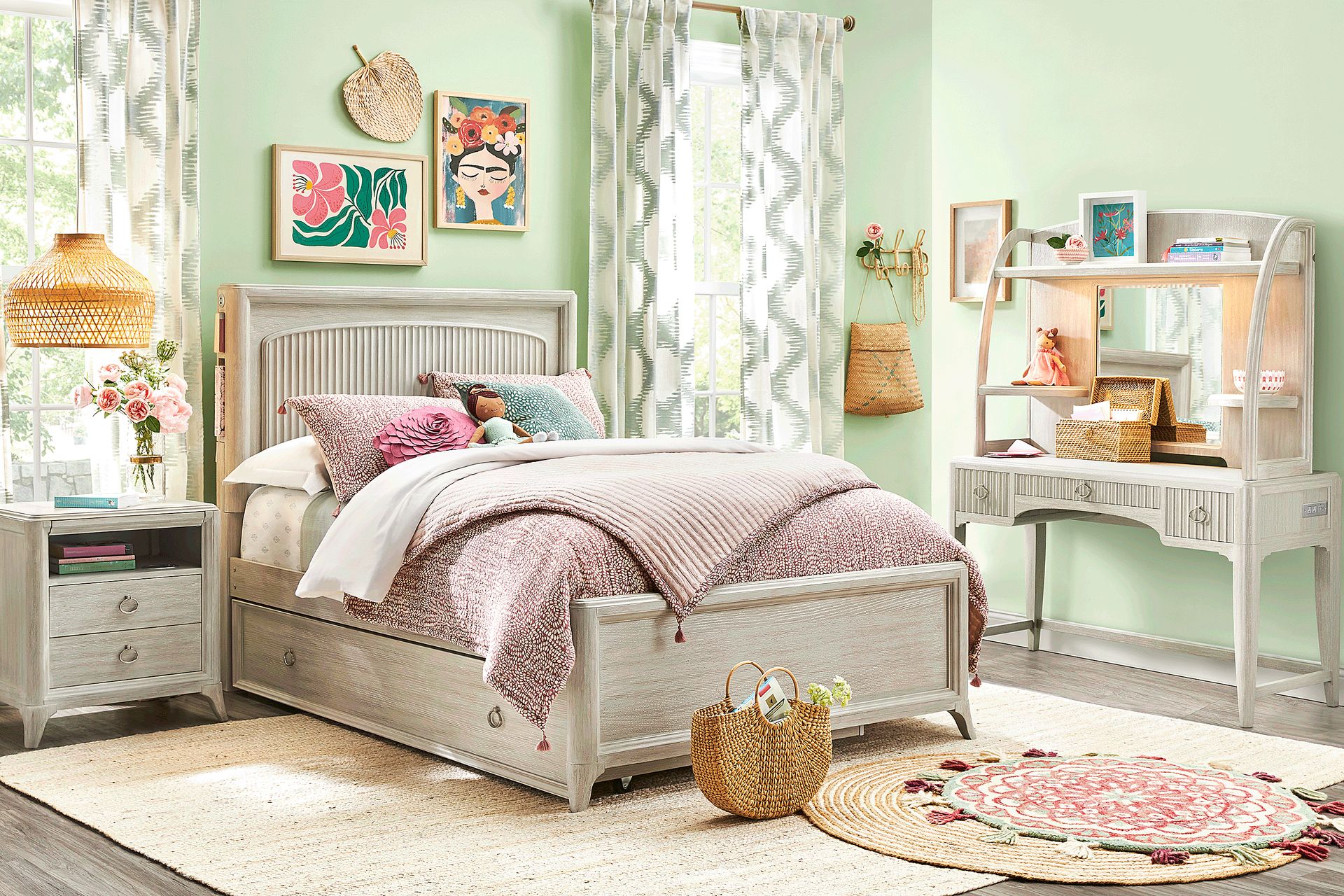 Kids Vivien Wirebrush Gray Vanity Desk and Hutch - Image 2