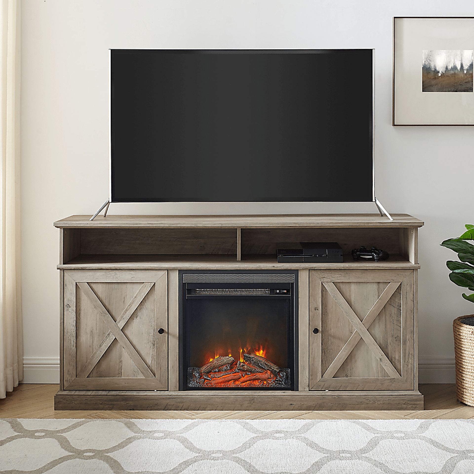 Kilmersdon Gray 60 in. Console, With Electric Fireplace - Image 4