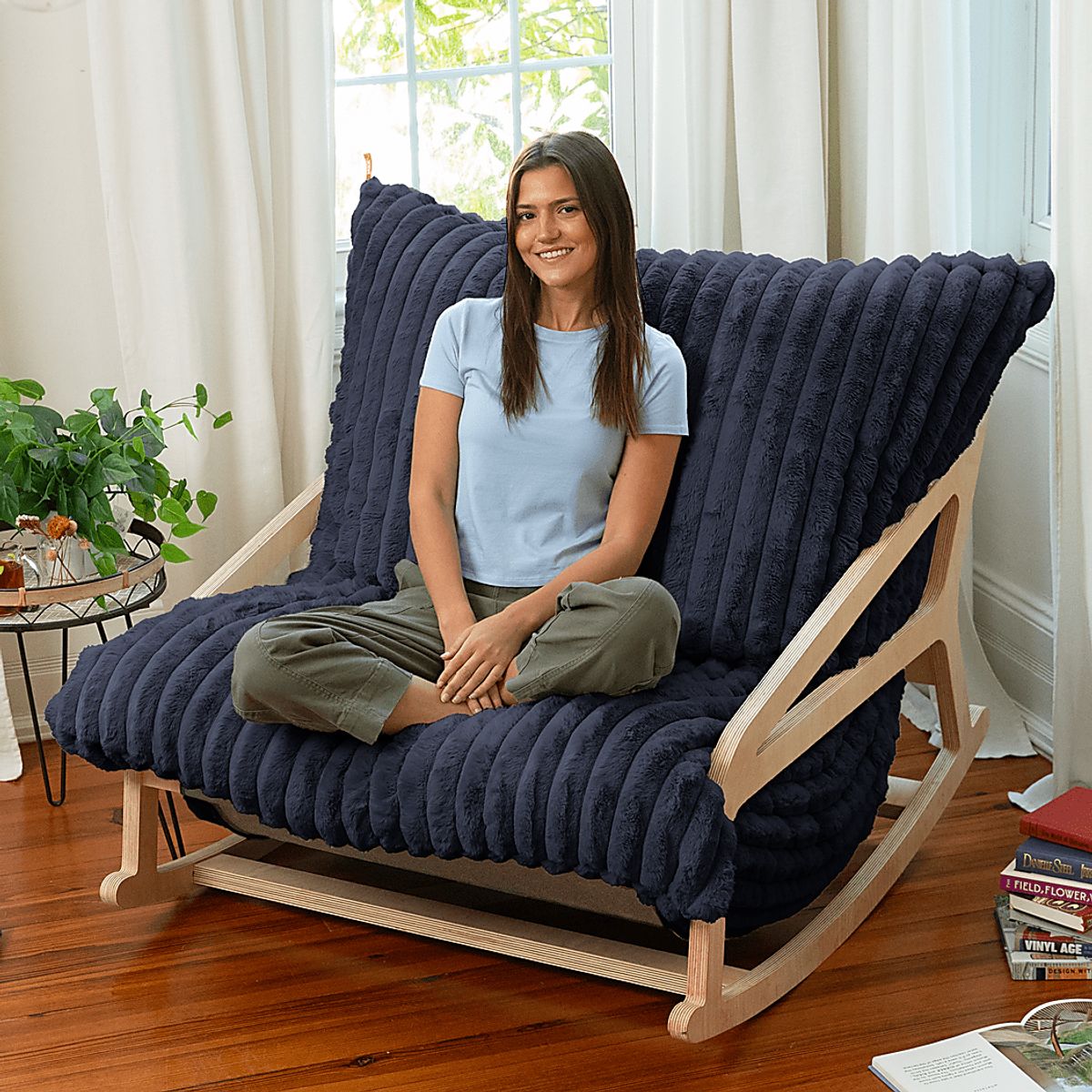 Kimna II Midnight Blue Polyester Fabric Bean Bag Rocker | Rooms to Go