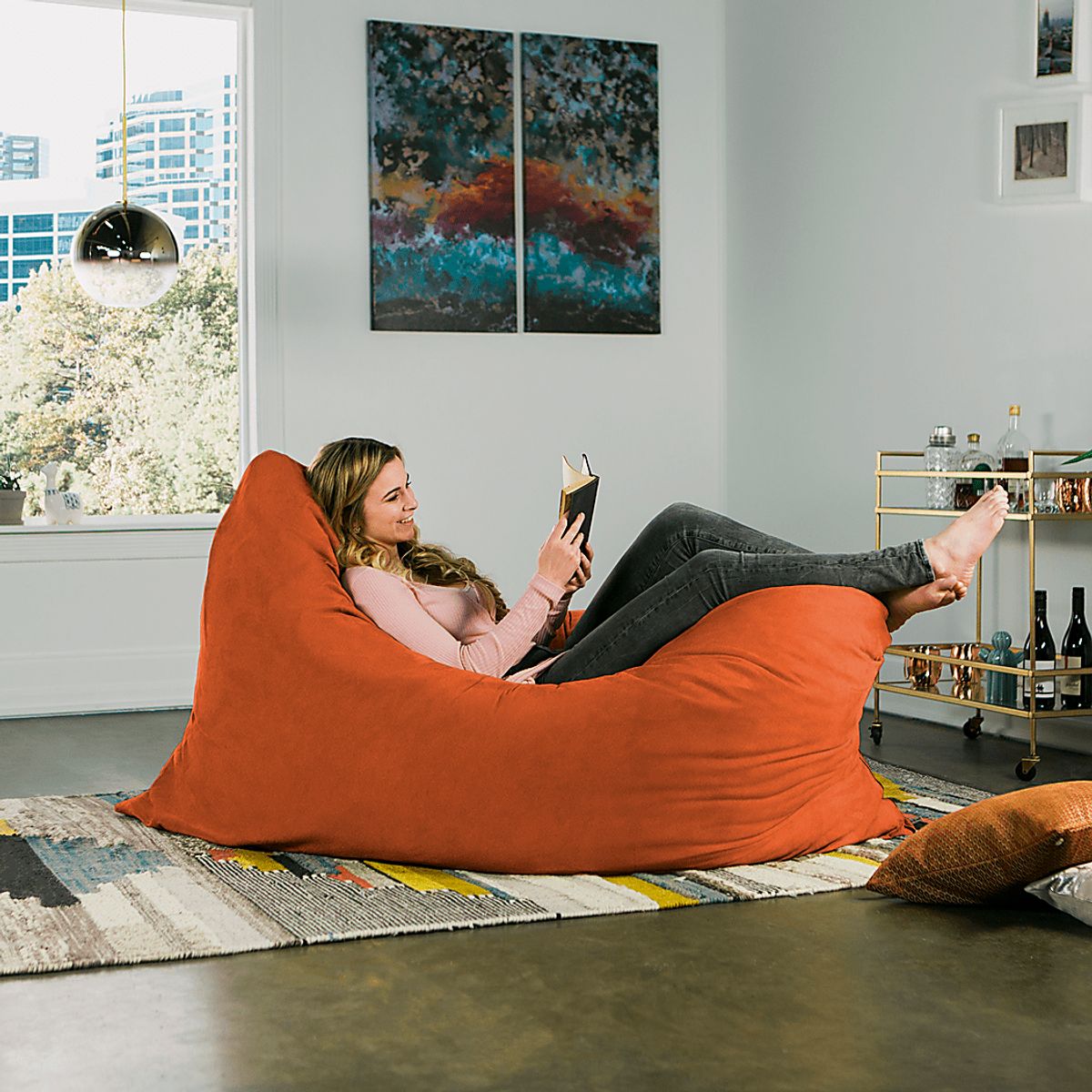 Kiri Orange Orange,Red Polyester Fabric Large Bean Bag Chair