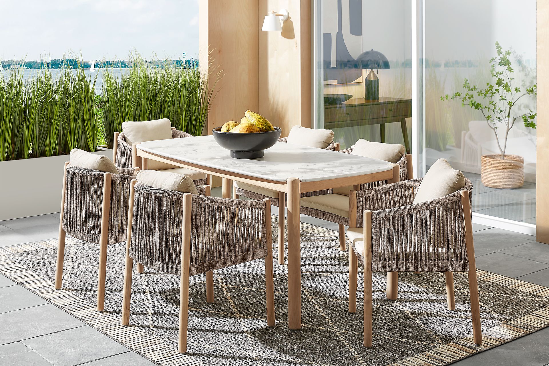 Koda Natural 7 Pc Outdoor Dining Set with Beige Arm Chairs - Image 1