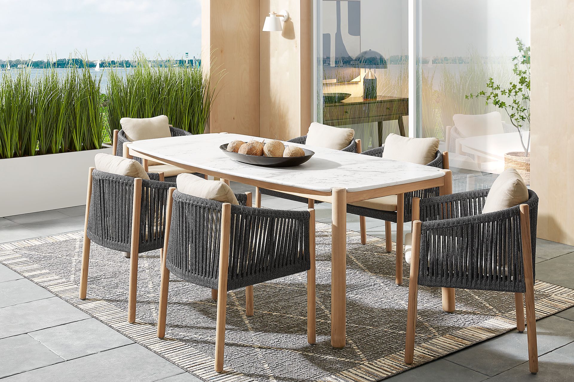 Koda Natural 7 Pc Outdoor Dining Set with Charcoal Arm Chairs - Image 1
