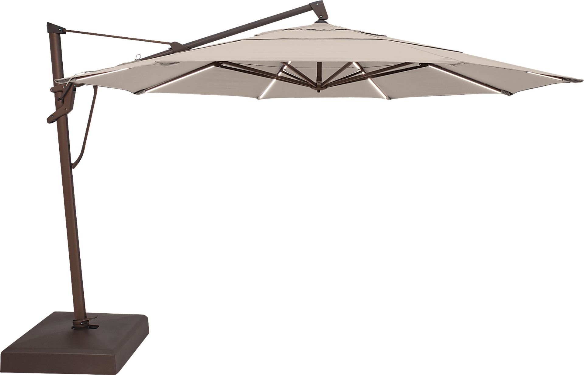 La Mesa Cove 13' Octagon Flax Outdoor Lighted Cantilever Umbrella with Base and Battery - Image 1