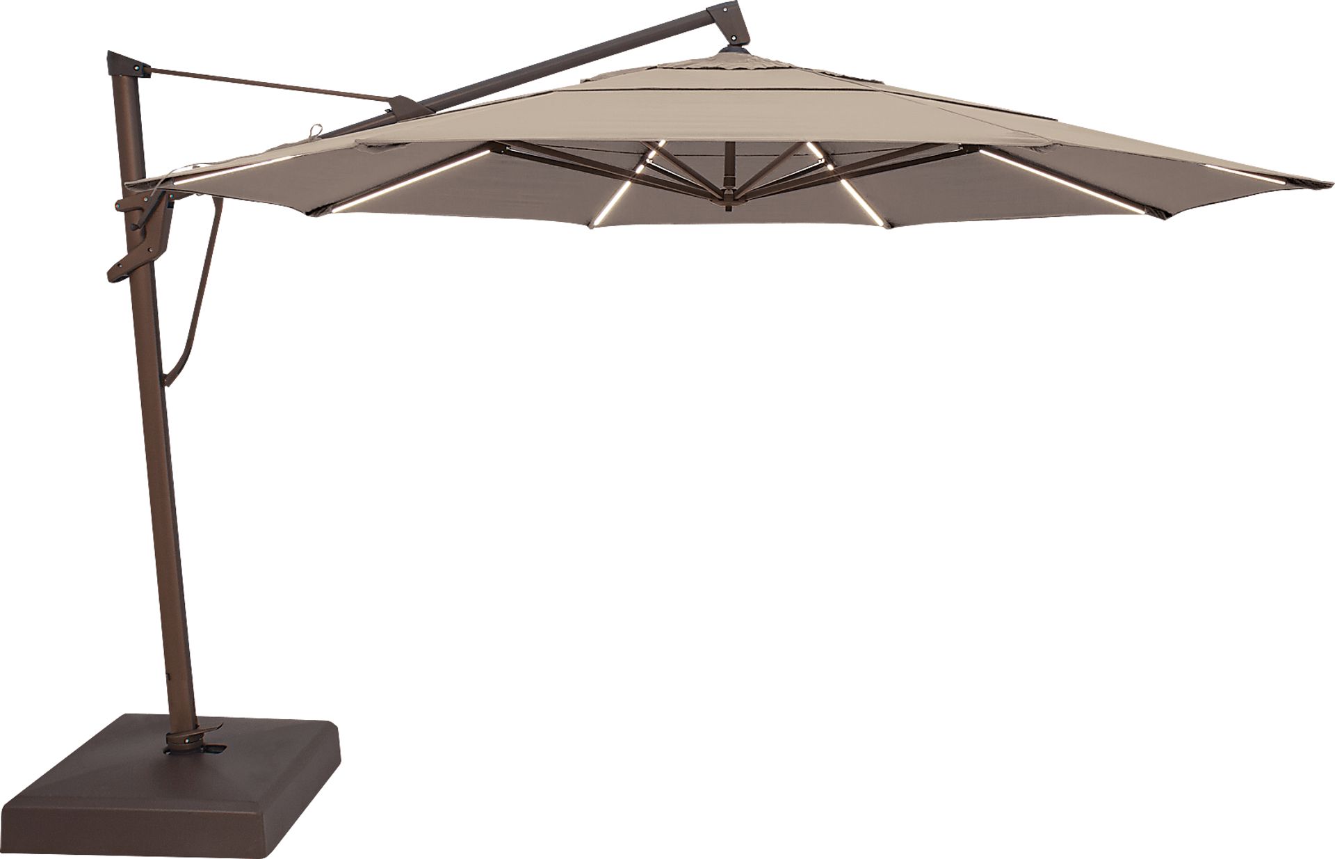 La Mesa Cove 13' Octagon Heather Beige Outdoor Lighted Cantilever Umbrella with Base and Battery - Image 1