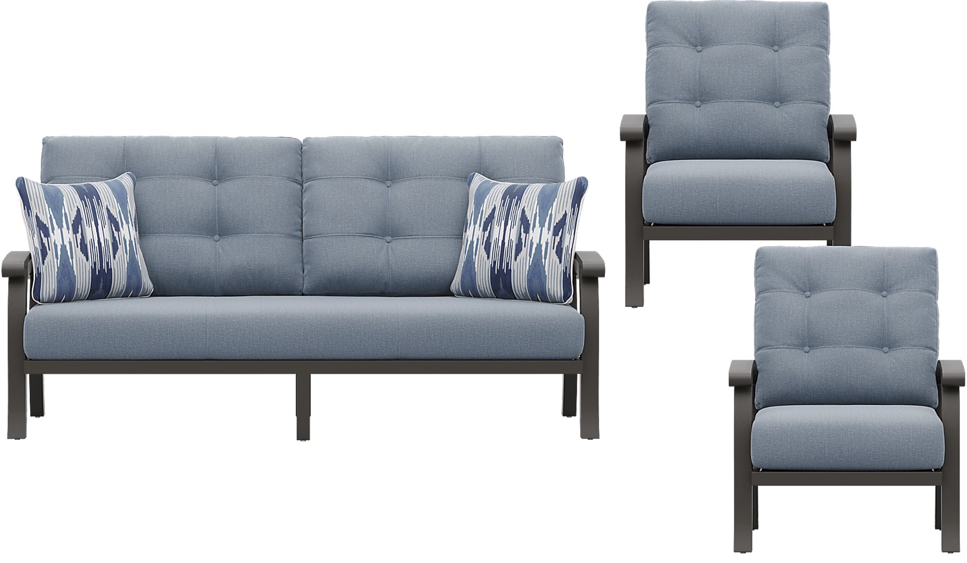 Lake Breeze Aged Bronze 3 Pc Outdoor Seating Set with Blueberry Cushions - Image 1