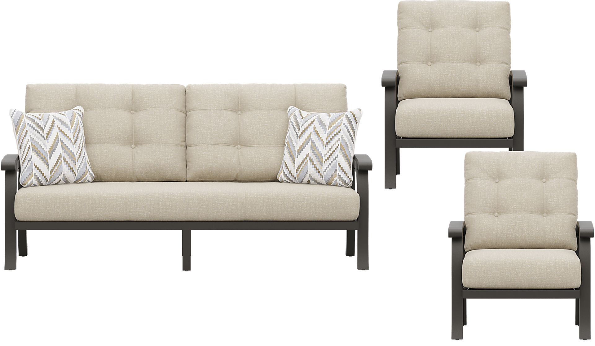 Lake Breeze Aged Bronze 3 Pc Outdoor Seating Set with Hemp-Colored Cushions - Image 1
