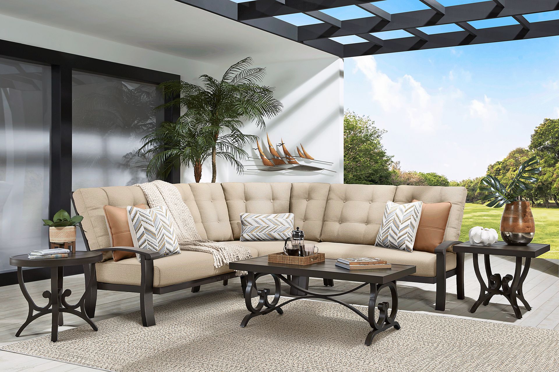 Lake Breeze Aged Bronze 3 Pc Outdoor Sectional with Hemp-Colored Cushions - Image 2