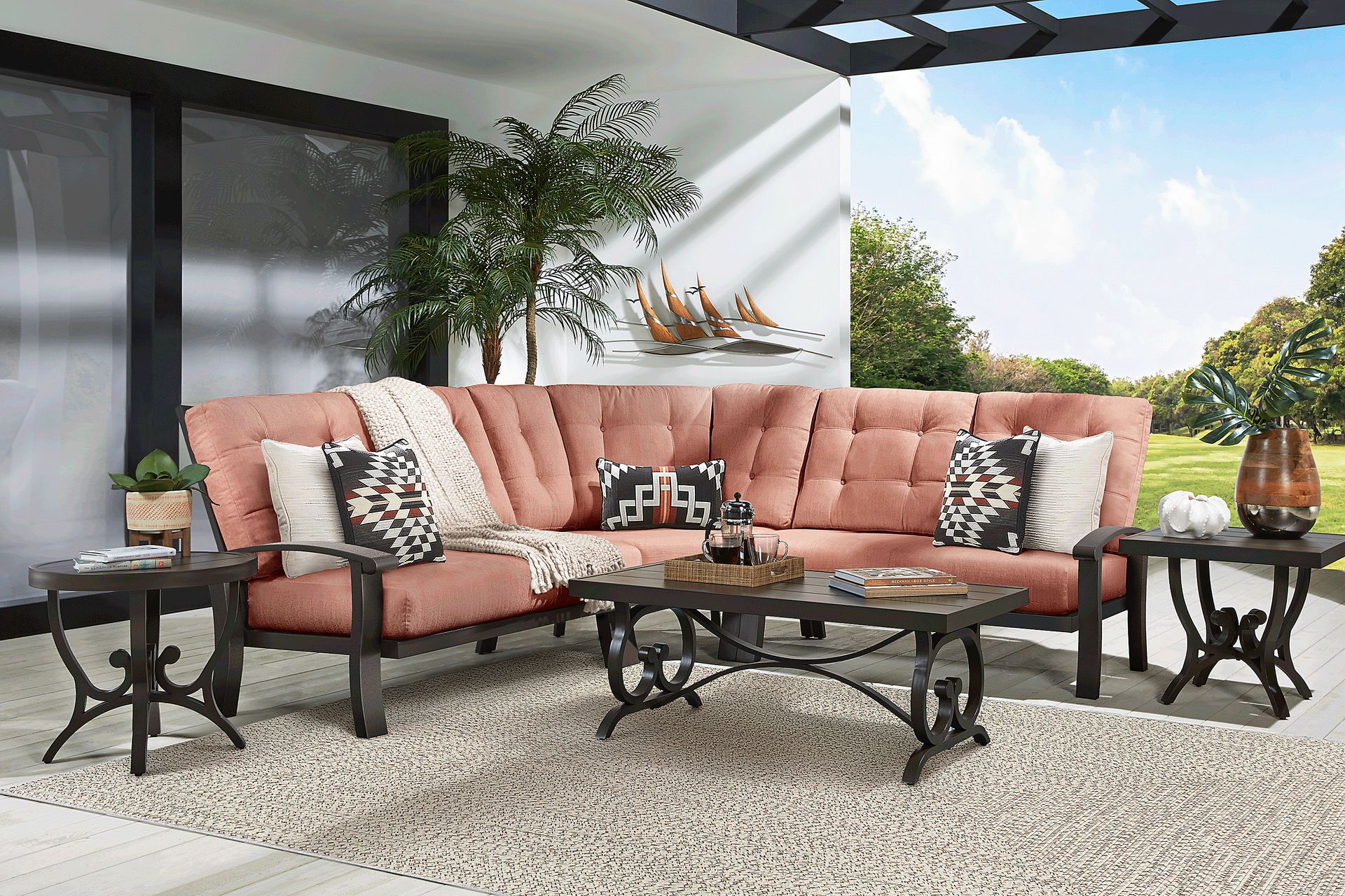 Lake Breeze Aged Bronze 3 Pc Outdoor Sectional with Terracotta Cushions - Image 2