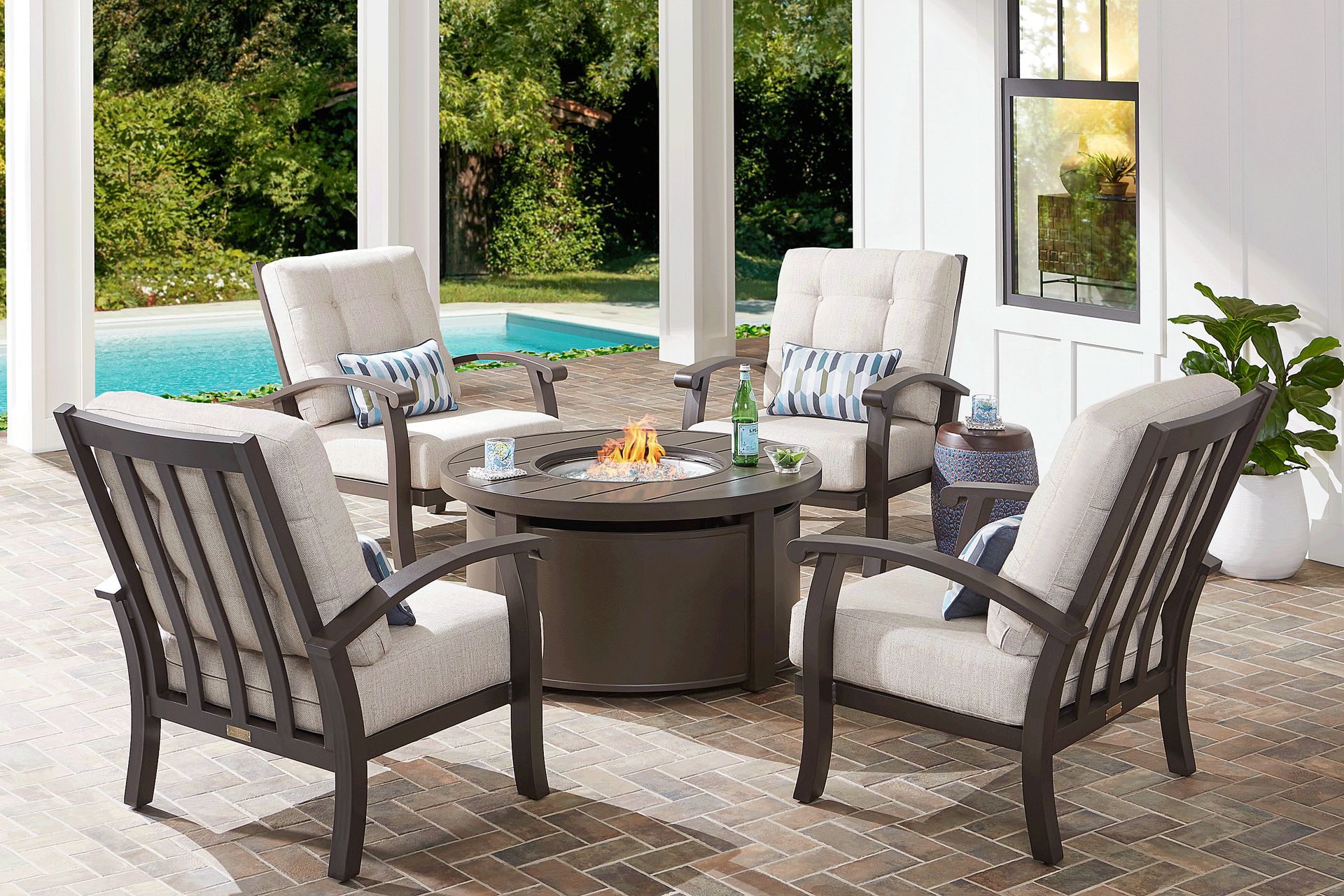 Lake Breeze Aged Bronze 5 Pc Outdoor Fire Pit Seating Set with Parchment Cushions - Image 1