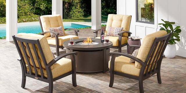 Lake Breeze Aged Bronze 5 Pc Fire Pit Set with Straw Cushions - Thumbnail - Image 1