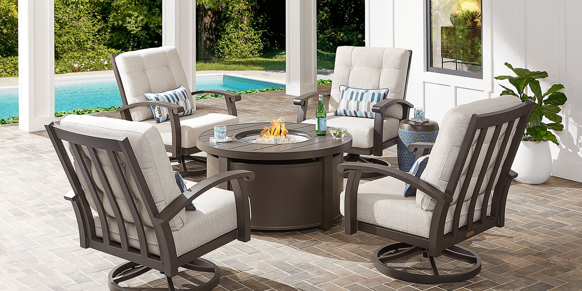Lake Breeze Aged Bronze 5 Pc Outdoor Fire Pit Seating Set with Swivel Chairs and Parchment Cushions - Image 1