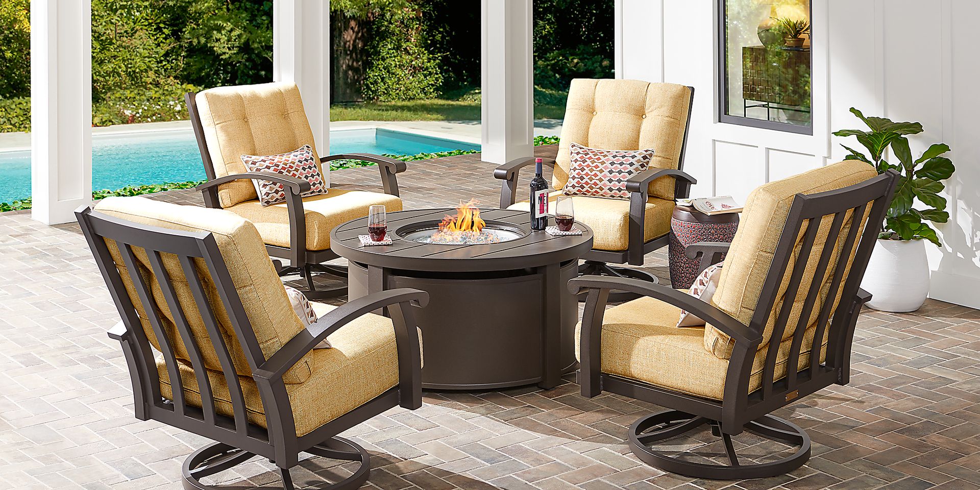 Lake Breeze Aged Bronze 5 Pc Fire Pit Set with Swivel Chairs and Straw Cushions - Image 1