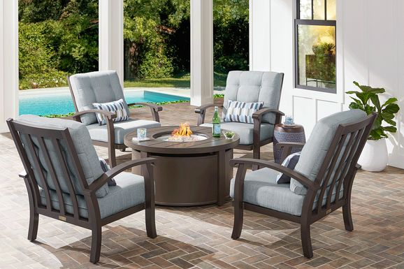 Lake Breeze Aged Bronze 5 Pc Outdoor Fire Pit Seating Set with Seafoam Cushions