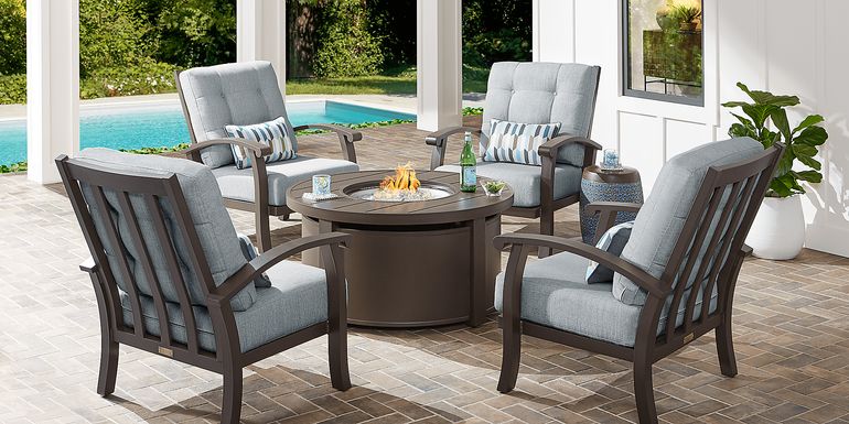 Lake Breeze Aged Bronze 5 Pc Fire Pit Seating Set with Seafoam Cushions