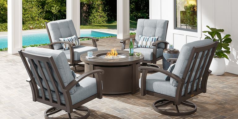 Lake Breeze Aged Bronze 5 Pc Fire Pit Seating Set with Swivel Chairs and Seafoam Cushions