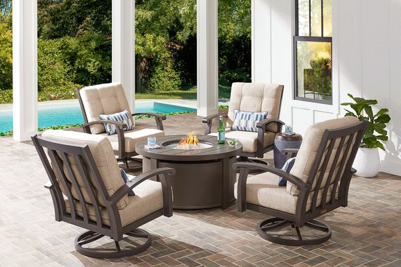 Lake Breeze Aged Bronze 5 Pc Outdoor Fire Pit Seating Set with Swivel Chairs and Wren Cushions
