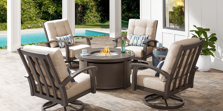 Lake Breeze Aged Bronze 5 Pc Fire Pit Seating Set with Swivel Chairs and Wren Cushions