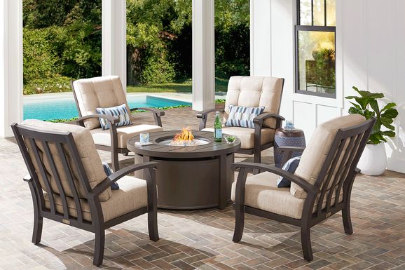 Lake Breeze Aged Bronze 5 Pc Outdoor Fire Pit Seating Set with Wren Cushions