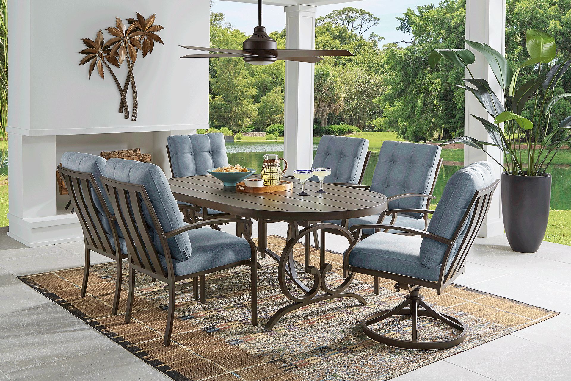 Lake Breeze Aged Bronze 5 Pc Oval Outdoor Dining Set with Blueberry Cushions - Image 1