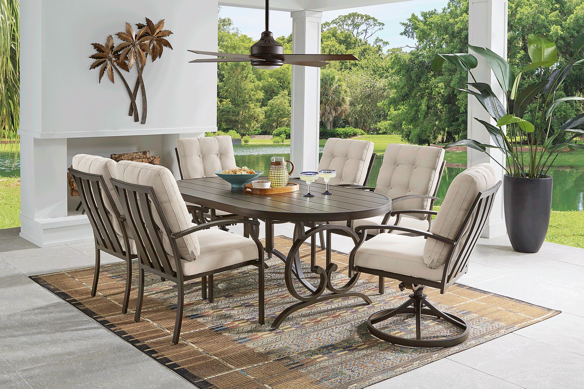Lake Breeze Aged Bronze 7 Pc Round Outdoor Dining Set with Desert Cushions - Image 1