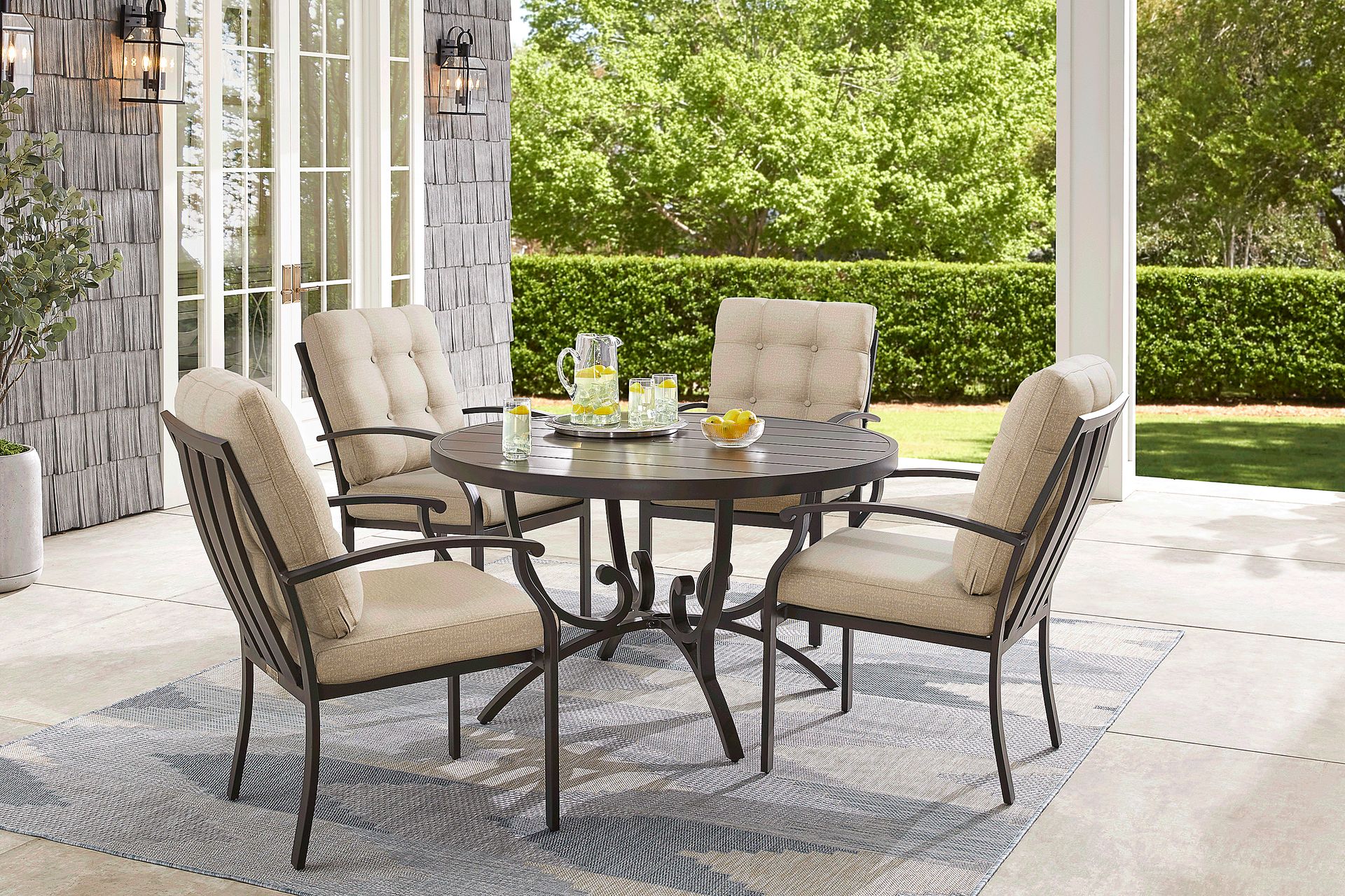 Lake Breeze Aged Bronze 5 Pc Round Outdoor Dining Set with Hemp-Colored Cushions - Image 1