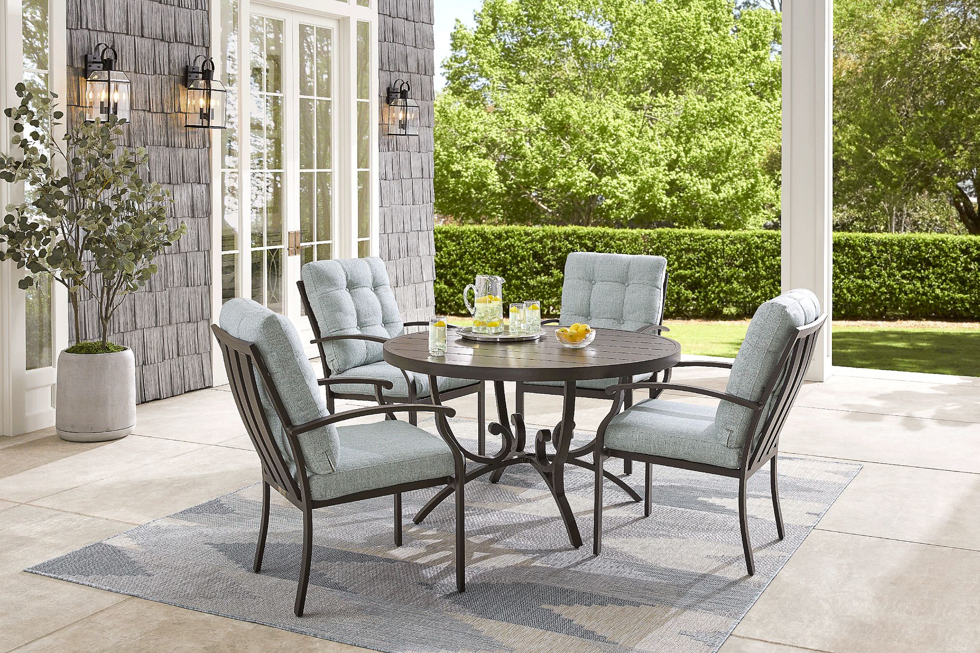 Lake Breeze Aged Bronze 5 Pc Round Outdoor Dining Set with Mist Cushions - Image 1