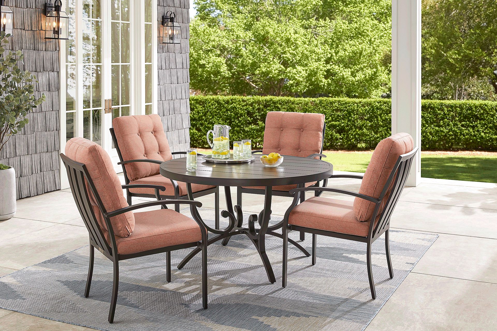 Lake Breeze Aged Bronze 5 Pc Round Outdoor Dining Set with Terracotta Cushions - Image 1