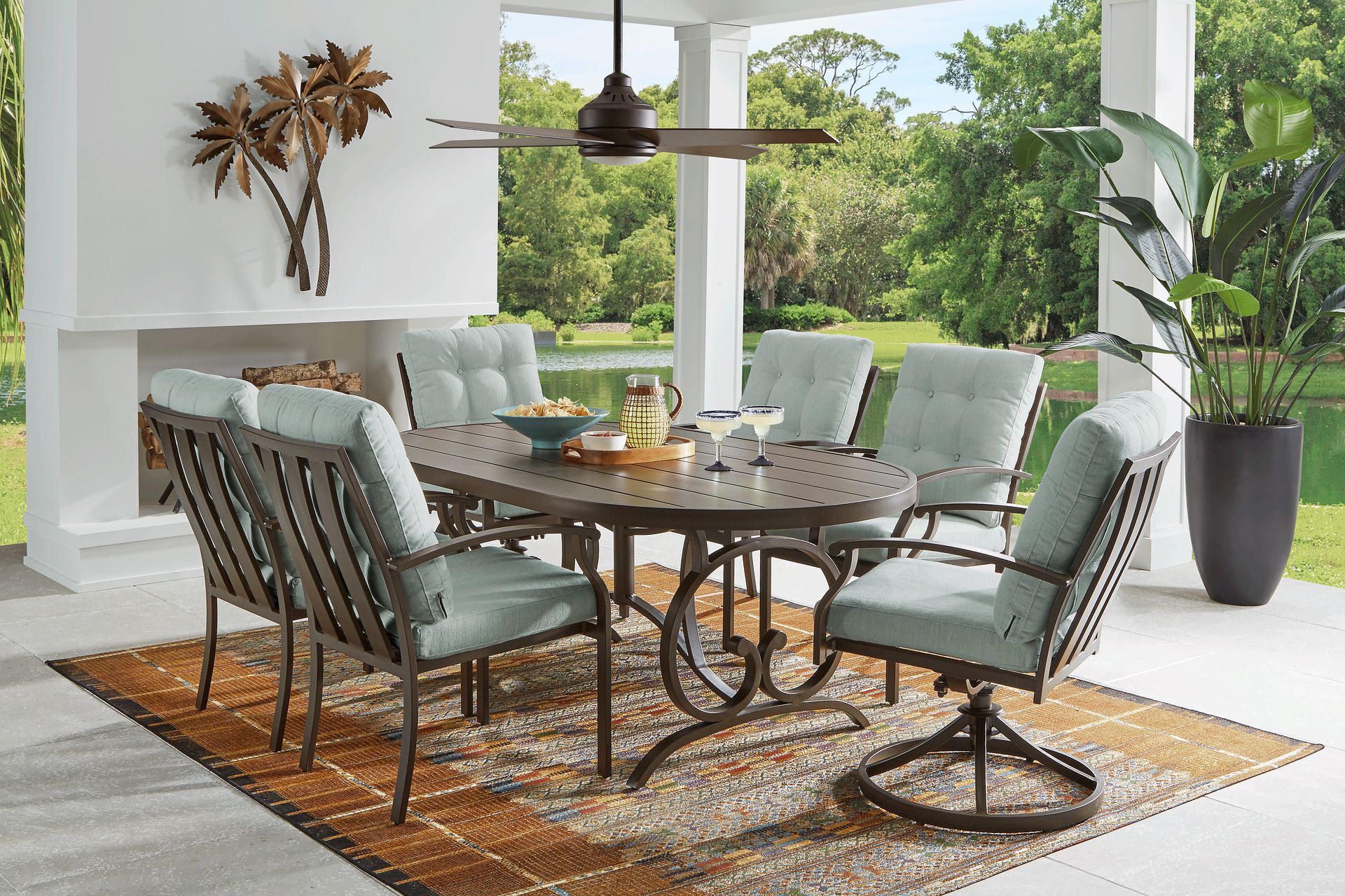 Lake Breeze Aged Bronze 7 Pc Outdoor 78 in. Oval Dining Set with Mist Cushions - Image 1