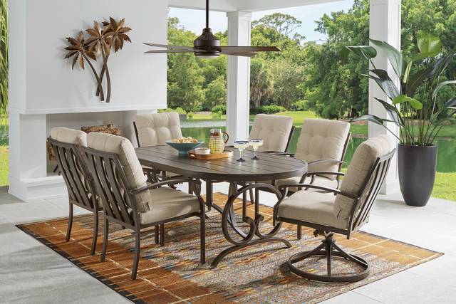 Lake Breeze Aged Bronze 7 Pc Outdoor 78 in. Oval Dining Set with Wren Cushions - Thumbnail - Image 1