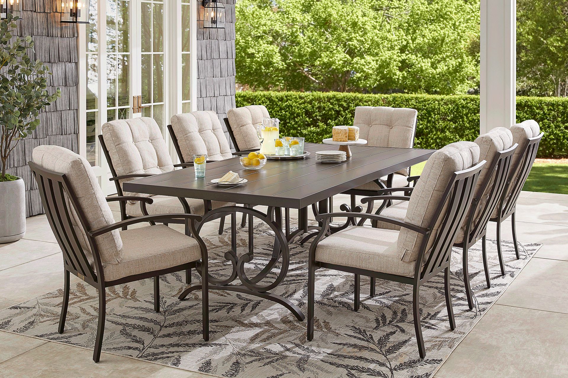 Lake Breeze Aged Bronze 7 Pc Outdoor 90 in. Rectangle Dining Set with Wren Cushions - Image 1