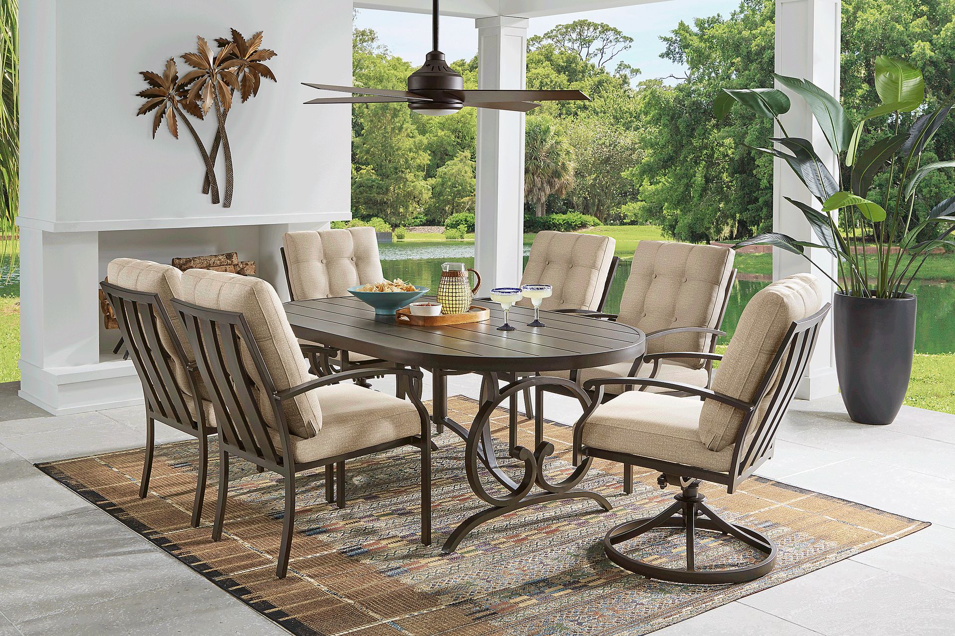 Lake Breeze Aged Bronze 7 Pc Oval Outdoor Dining Set with Hemp-Colored Cushions - Image 1