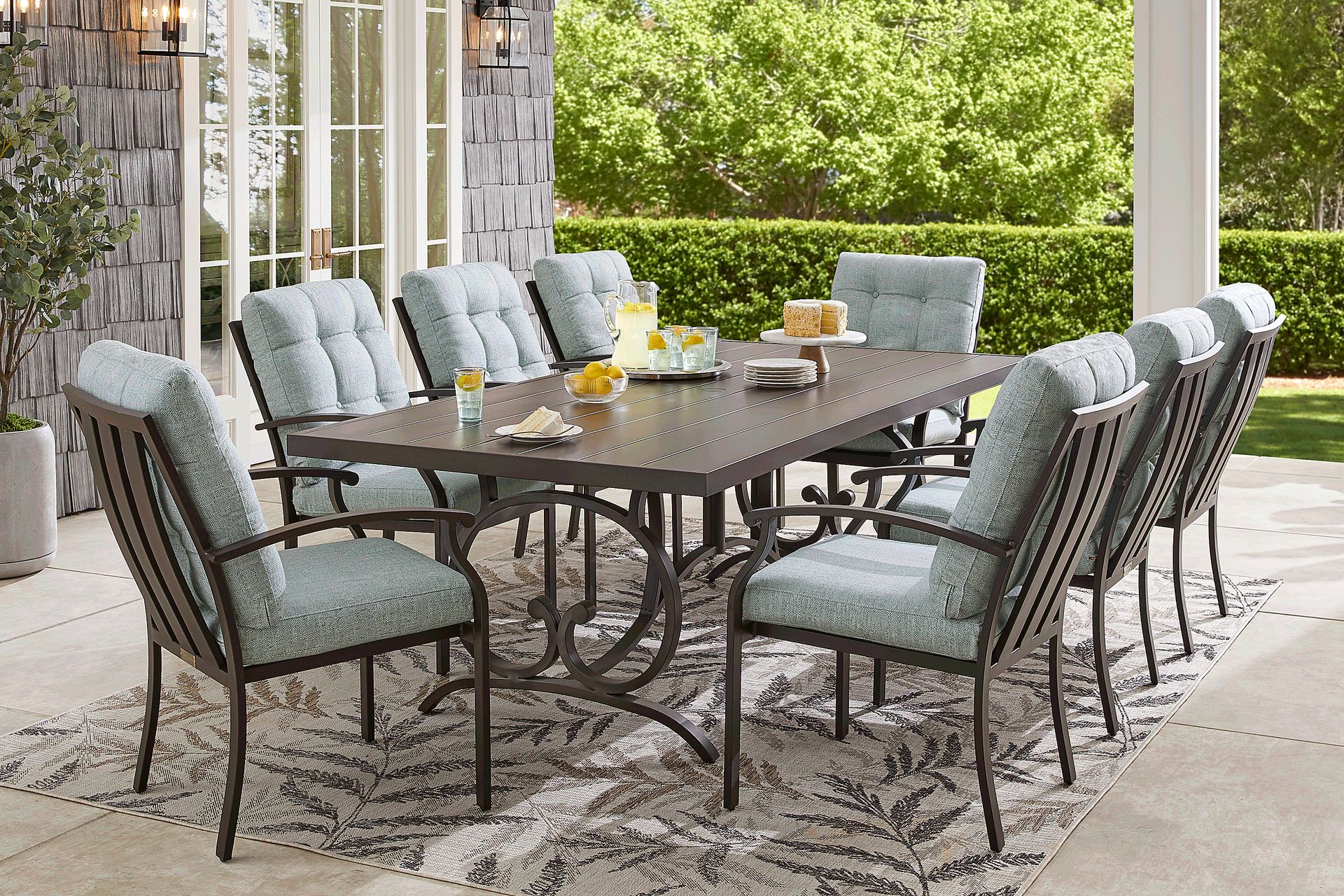 Lake Breeze Aged Bronze 9 Pc Outdoor 90 in. Rectangle Dining Set with Mist Cushions - Image 1