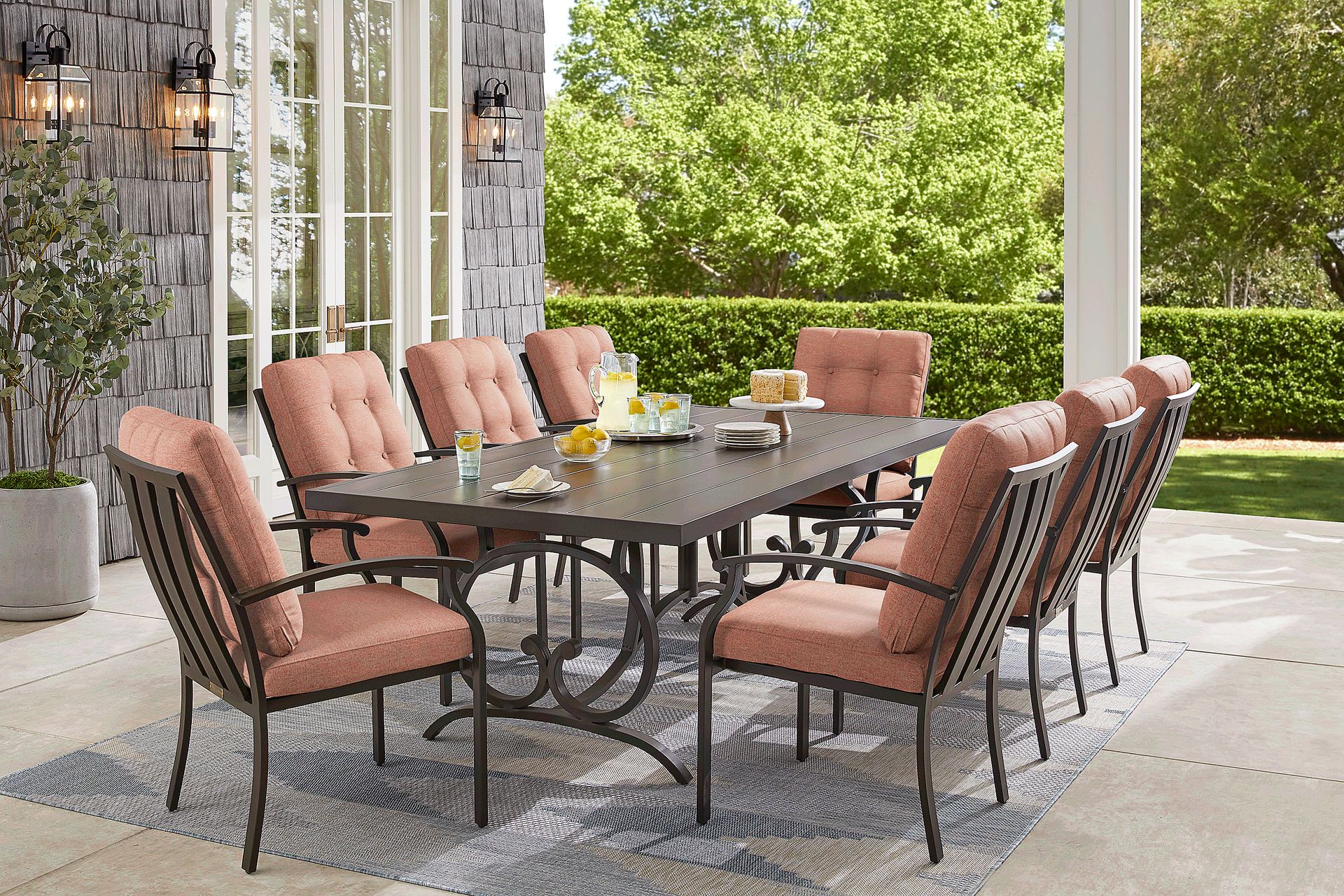 Lake Breeze Aged Bronze 9 Pc Outdoor Dining Set with Terracotta Cushions - Image 1