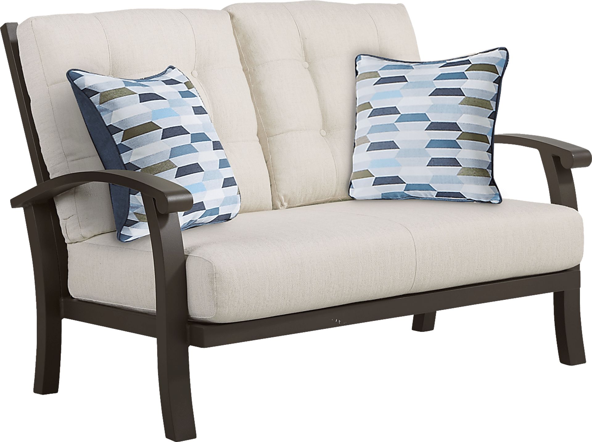 Lake Breeze Aged Bronze Outdoor Loveseat with Parchment Cushions - Image 1
