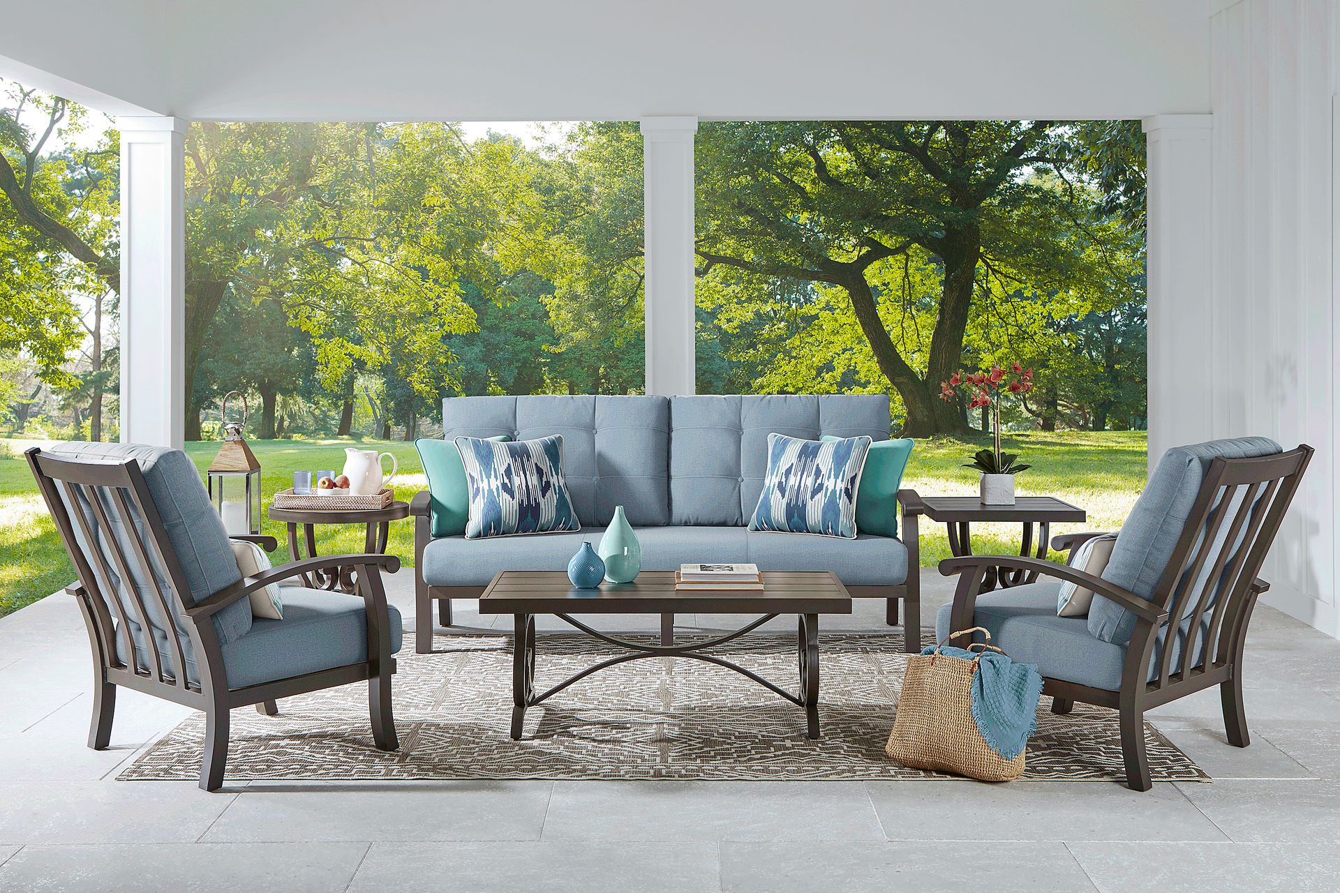 Lake Breeze Aged Bronze Outdoor 4 Pc Seating Set with Blueberry Cushions - Image 1