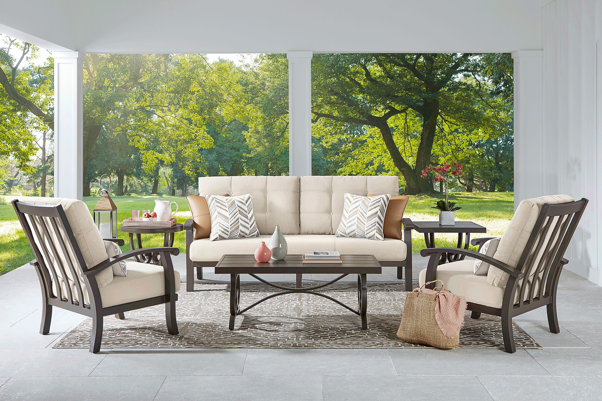 Lake Breeze Aged Bronze Outdoor 4 Pc Seating Set with Desert Cushions - Image 1