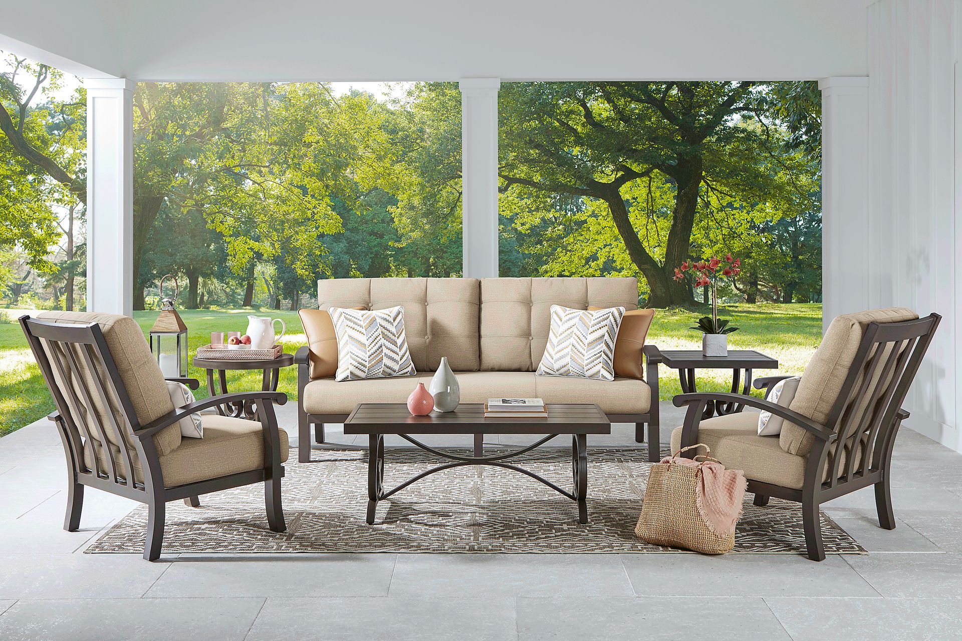 Lake Breeze Aged Bronze Outdoor 4 Pc Seating Set with Hemp-Colored Cushions - Image 1