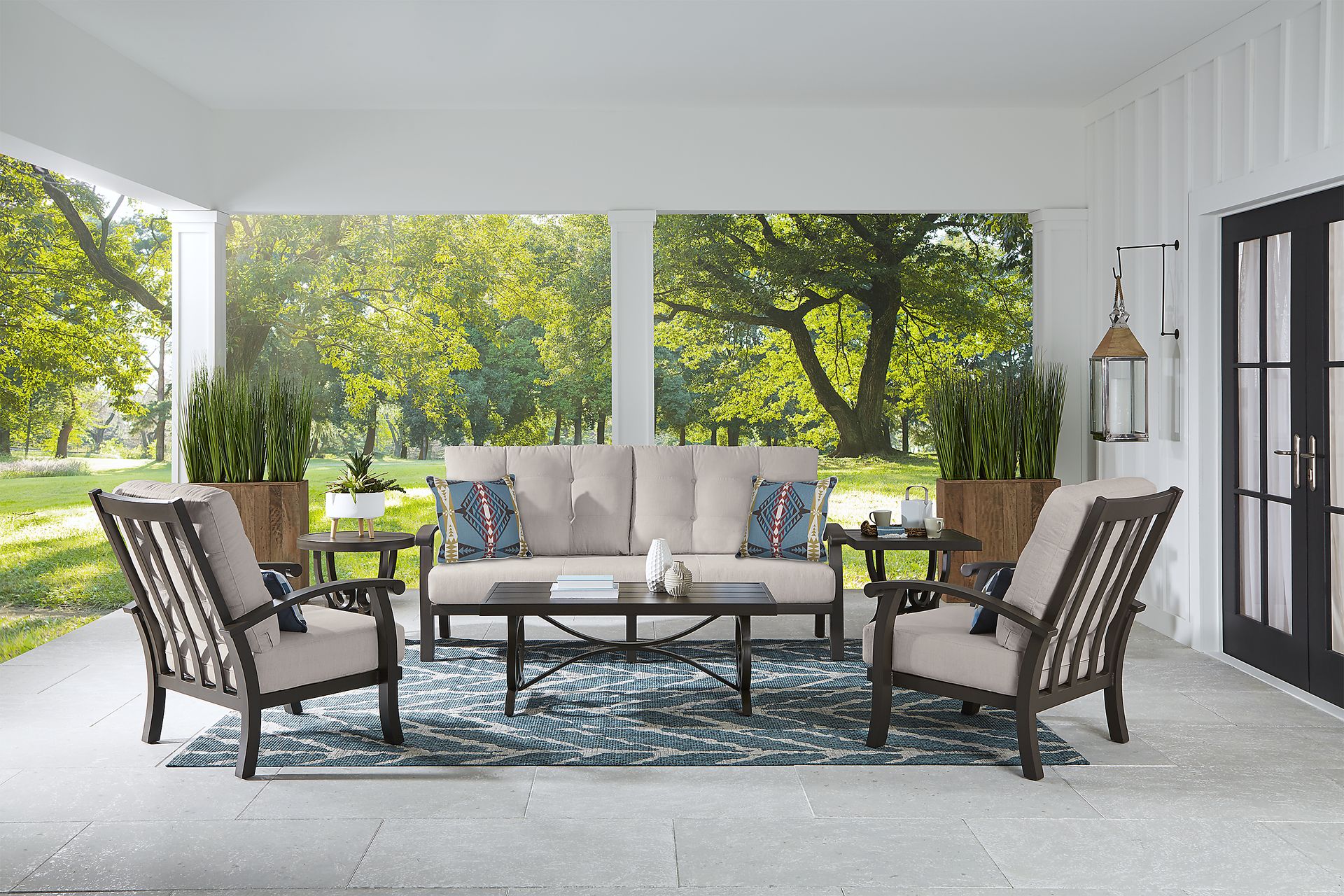 Lake Breeze Aged Bronze Outdoor 4 Pc Seating Set with Rollo Linen Cushions - Image 1