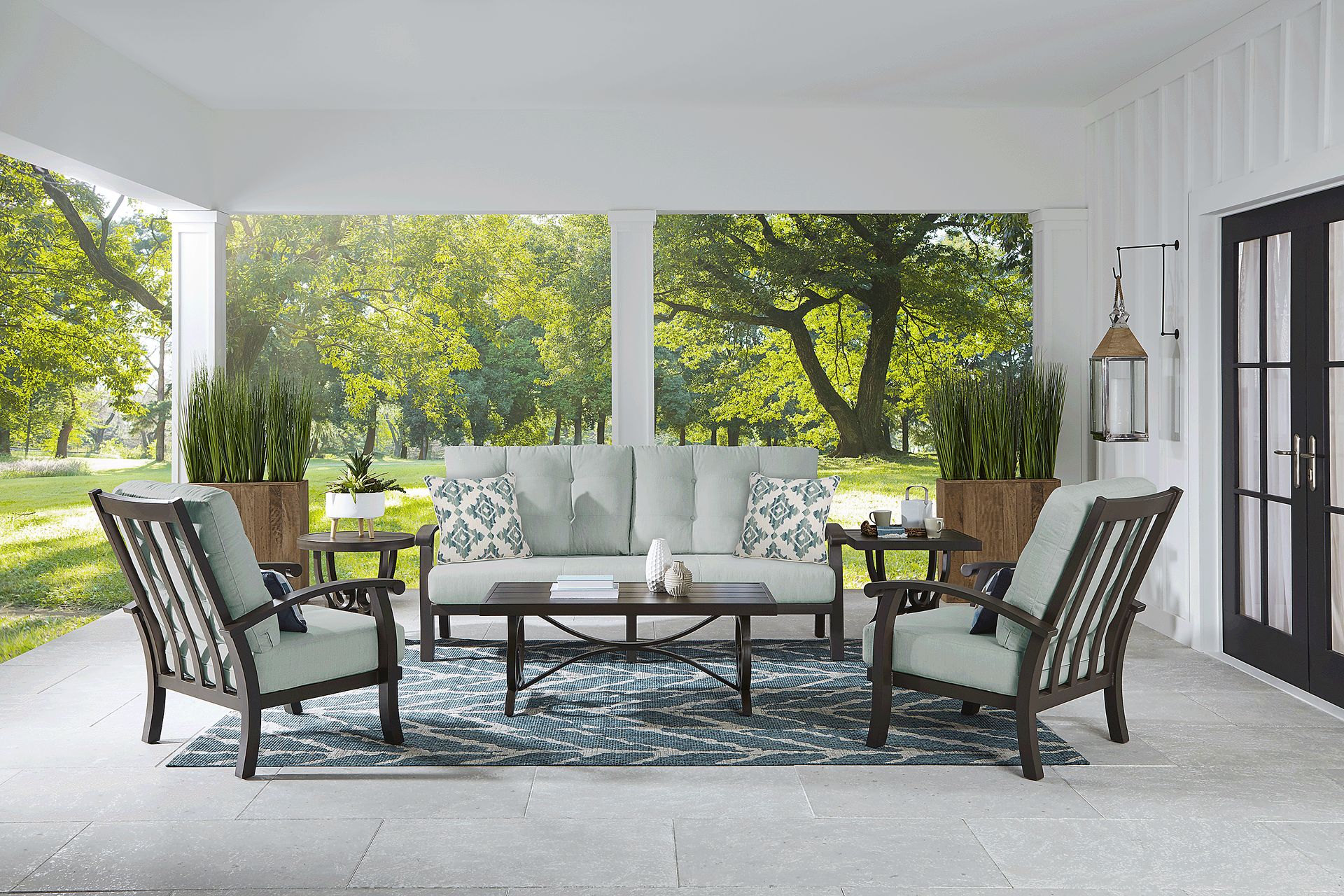Lake Breeze Aged Bronze Outdoor 4 Pc Seating Set with Mist Cushions - Image 1